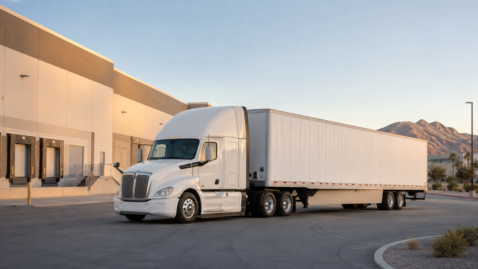 Unbranded white semi-truck maneuvering through a Las Vegas industrial yard