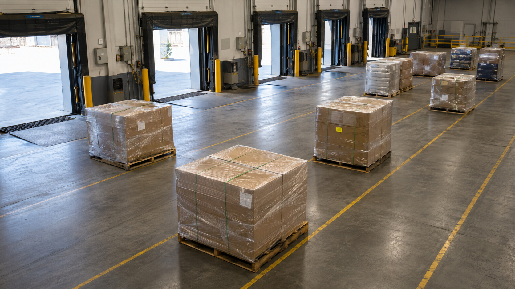 Wrapped pallets organized in clear outbound warehouse lanes