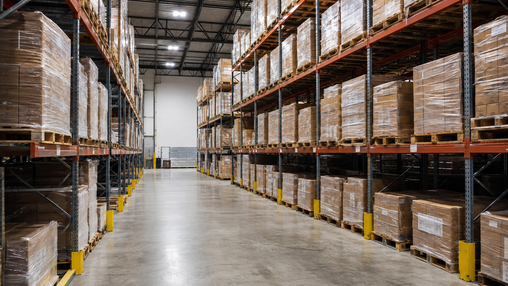 Long warehouse aisle with wrapped pallets stored on industrial racks