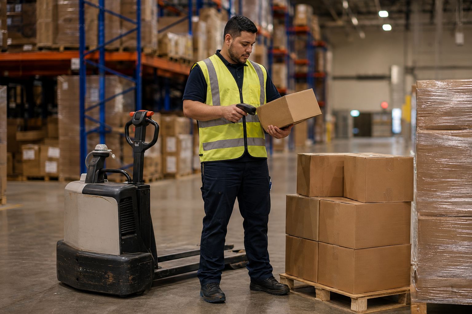 Warehouse worker scanning an unbranded carton beside a stationary pallet truck